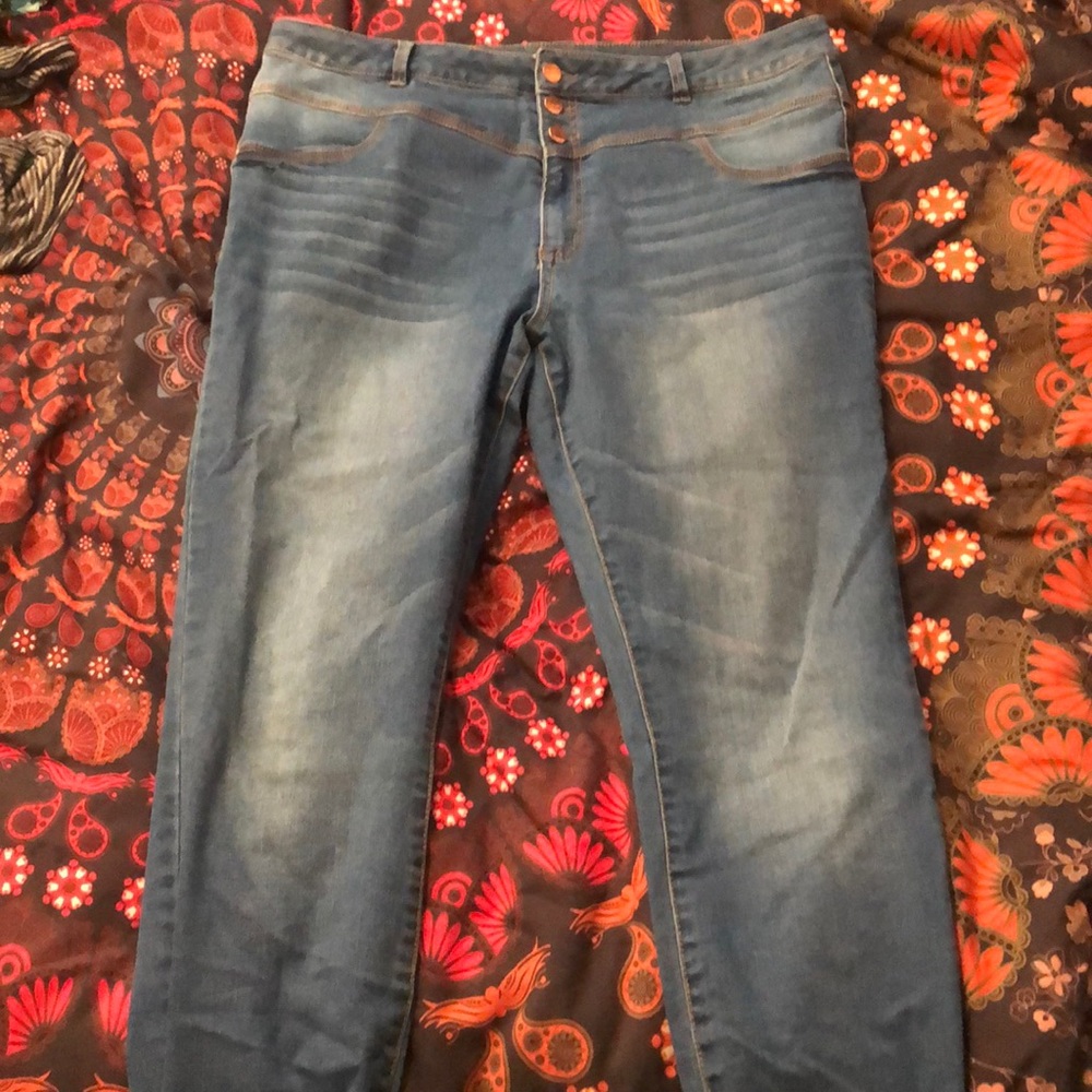 High waist blue skinny jeans